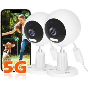 5G Cameras for Home Security Indoor/Outdoor Camera for Dog/Cat/Pet/Nanny/Baby, Baby Monitors with Phone App, IP66 Waterproof, Color Night Vision, White Light, Bell Siren, 24/7 SD Recordings- 2 Pack