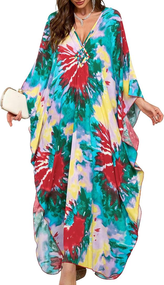 Women Kaftan Dresses Plus Size V-Neck Batwing Sleeves Beach Cover Up 2025 Summer Floral Print Caftan Dress (Green Fireworks)