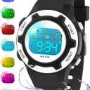 DTKID Digital Kids Watch 30 M Waterproof, 7 Color Lights Time Teaching Watch Easy to Read for Girls Boys 5-16 (Black-White)