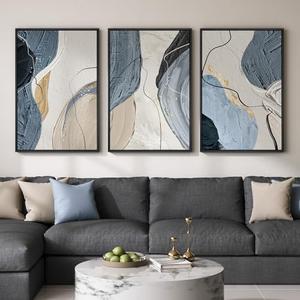 Large Framed Abstract Wall Art for Living Room, Set of 3 Modern Canvas Artwork for Wall, Blue Gray Minimalist Prints Paintings for Bedroom Hallway Office Wall Decor, 24 x 36 Inch