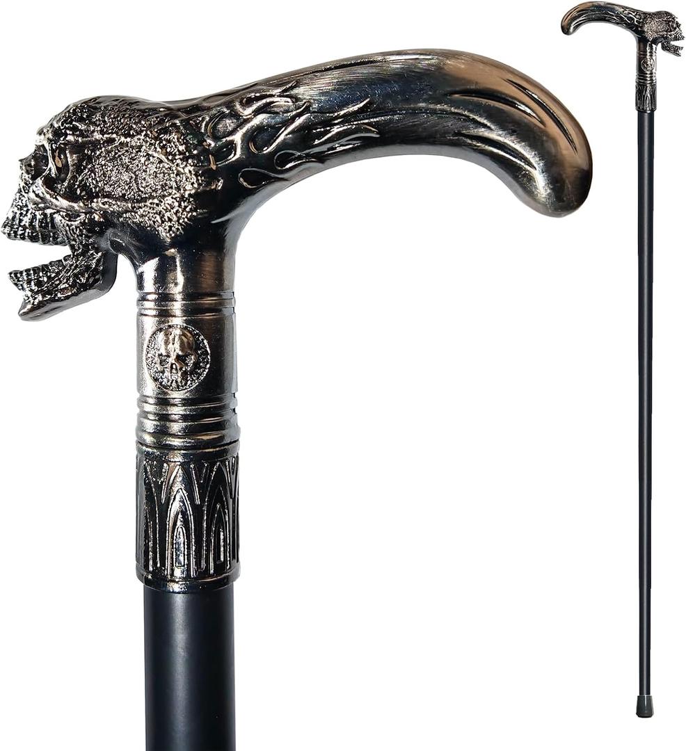 Walking Cane for Men & Women & Seniors - 36.5 Inch Heavy Duty 500+ lbs Capacity, Skull Ergonomic Handle, Decorative & Ornate Design, Gothic & Goth Elegant Black & Silver Artistry, Metal Cane