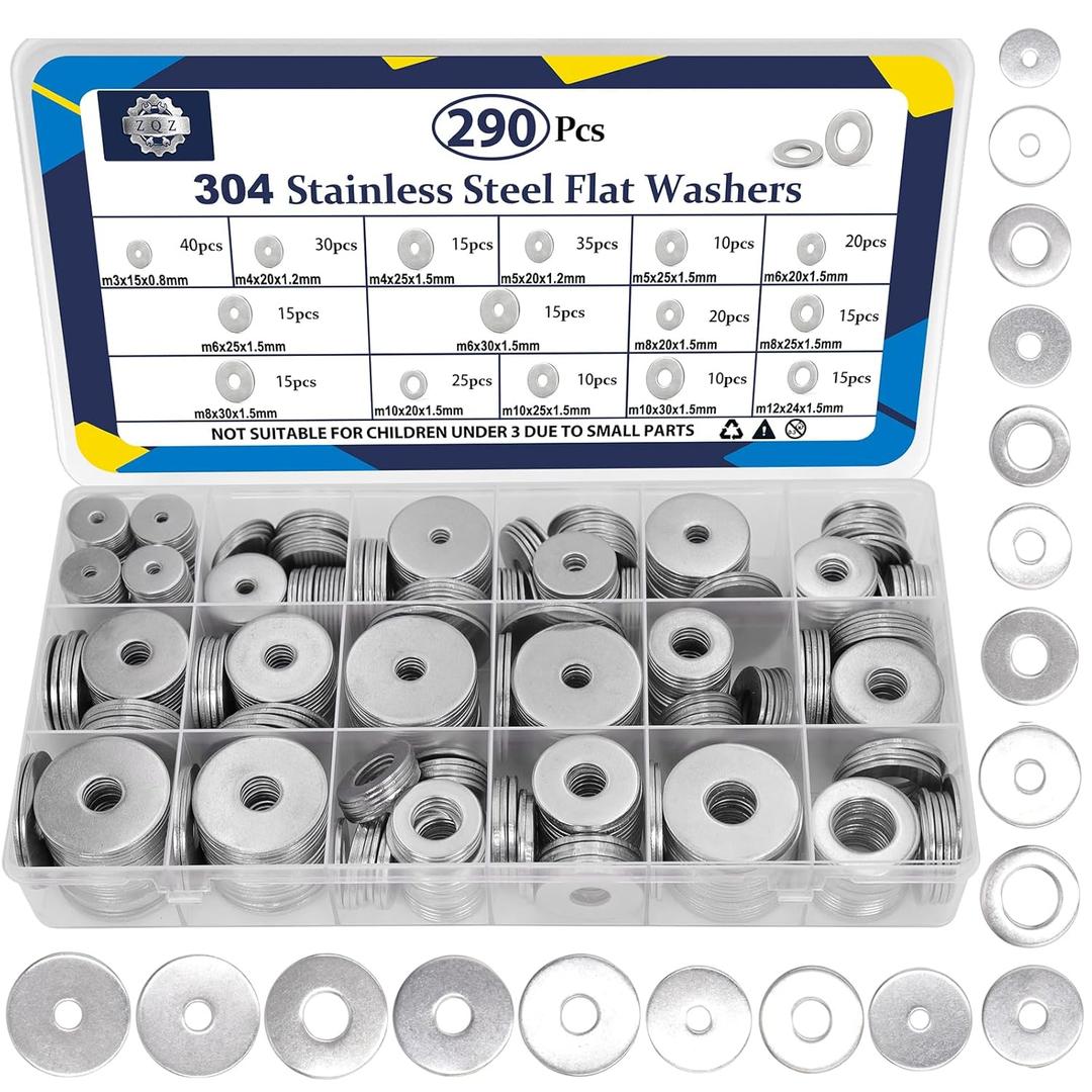 ZQZ 290Pcs Flat Washers, 304 Stainless Steel Fender Washers Assortment, 15 Different Sizes Wide Washer M3 M4 M5 M6 M8 M10 M12 Assorted Flatwashers Kit