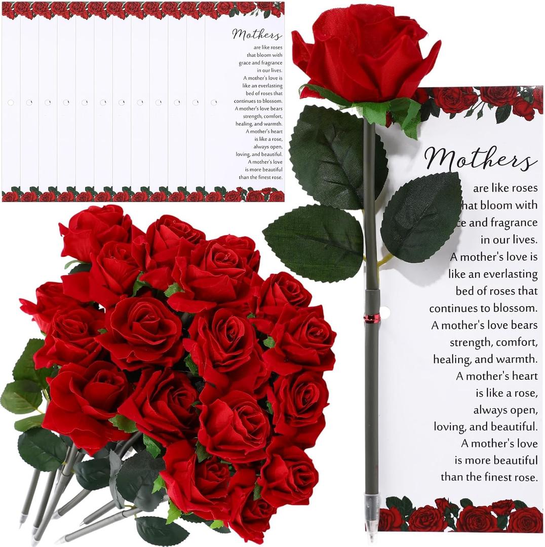 Sayglossy 12 Sets Rose Pen Mother's Day Gifts Artificial Red Flower Ballpoint Pens with Inspirational Praise Card Rose Party Favor Church Gifts for Mom Friend Pastor's Wife