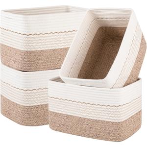 4 Pack Storage Baskets for Organizing, 13"X9"X7.87", Decorative Cotton Rope Baskets for Shelves, Small Woven Basket for Toys, Books and Towels, Brown & White