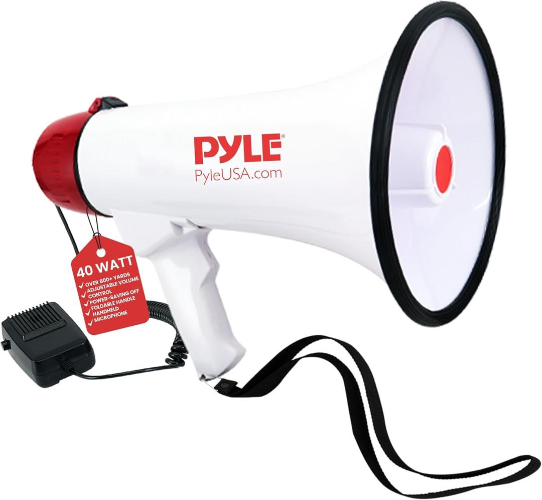 Pyle 40 Watt Professional Megaphone Clear Sound & Ergonomic Grip - Multi-Function with Talk, Siren, Volume Control - Detachable Handheld Mic - Indoor & Outdoor Sports, Emergency Response (White)