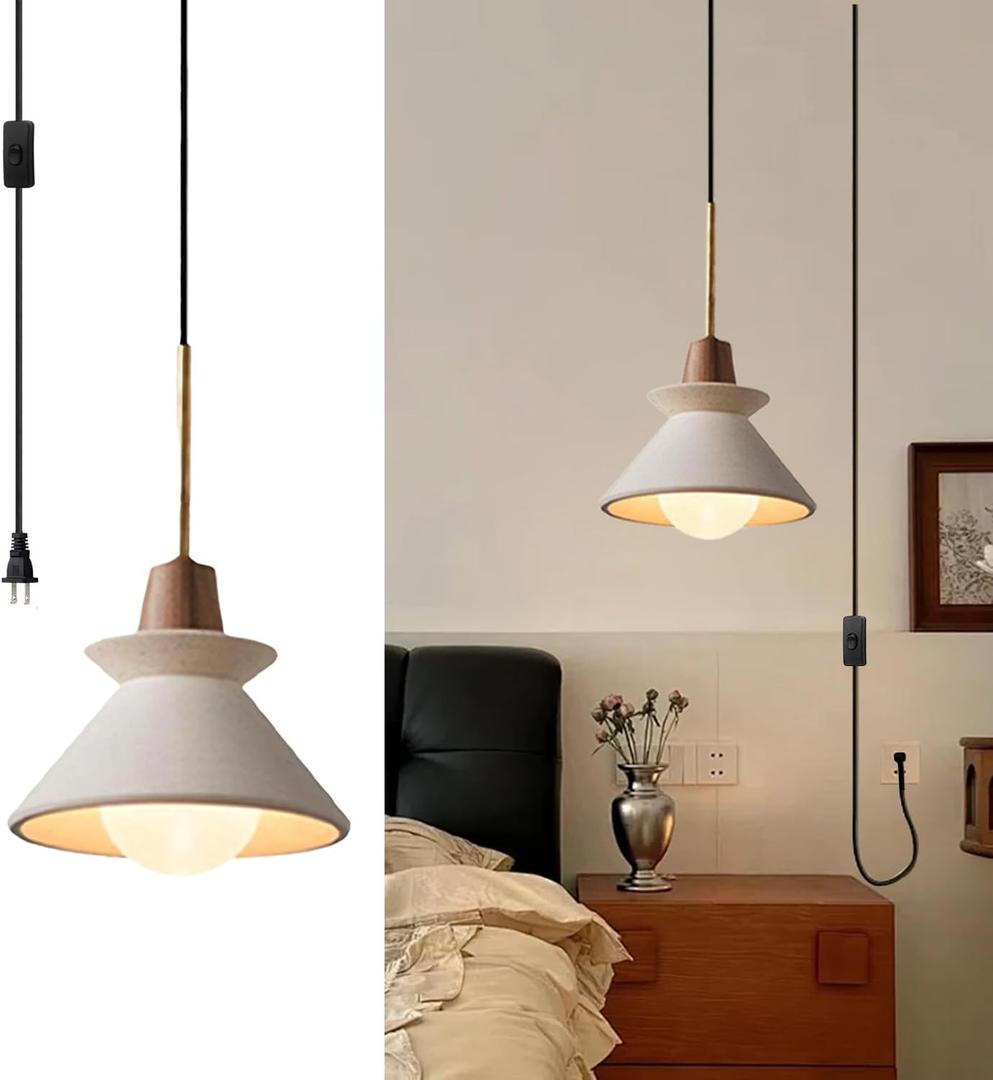 7.7" Plug in Concrete Pendant Light, Nordic Wabi Sabi Pendant Lamp with Wood Accent White Cement Pendant Light Minimalist Lamp for Living Room Bedside Kitchen Island Dining Room Apartment Dorm