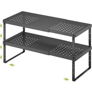 Expandable Cabinet Organizer Shelf With Adjustable Height, Stackable Kitchen Countertop Organizer Rack, Adjustable Shelf Riser For Kitchen Counter, Pantry, Cupboard, Desk, Tabletop (8.27"D*14-22.4"W x 7.5"H, Black-2 Pack)