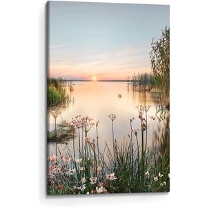 Lake Canvas Landscape Wall Art: Nature Picture Print Vertical Sunset Scene Painting Artwork for Bedroom Living Room Decor (24L" x 16W")