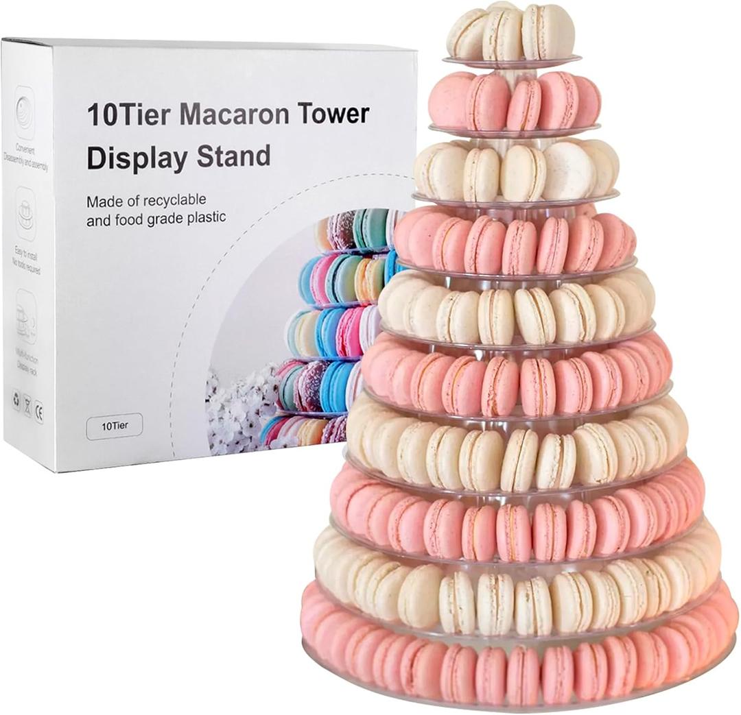 10 Tiers Macaroon Tower Stand, Round Macaron Tower Cake Display Rack Plastic Cupcake Stand Macarons Desserts Serving Tray for Birthday Wedding Party Decor (10 Tiers) (Transparent)