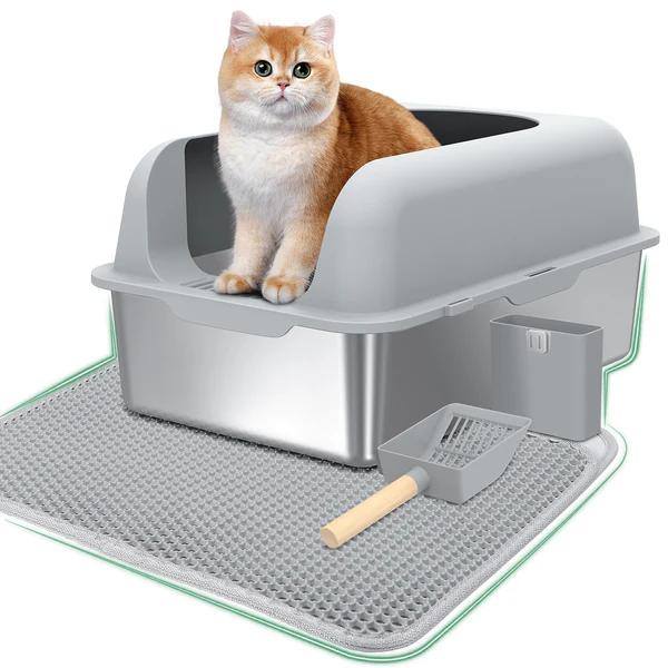 Pet Litter Box Stainless Steel Cat Litter Box, Large Metal Litter Box for Cats Rabbits, Rustproof, Non Stick Smooth Surface 24" L x 16" W x 7" H Cat Litter Pan(Dark Grey)