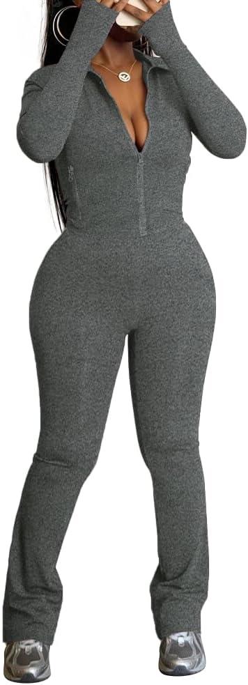 HBQ Women's 2 Piece Tracksuit Sets Long Sleeve Zip Up Crop Tops and Flare Pants Casual Workout Oufit Jogger Loungewear Set (Large, Grey)