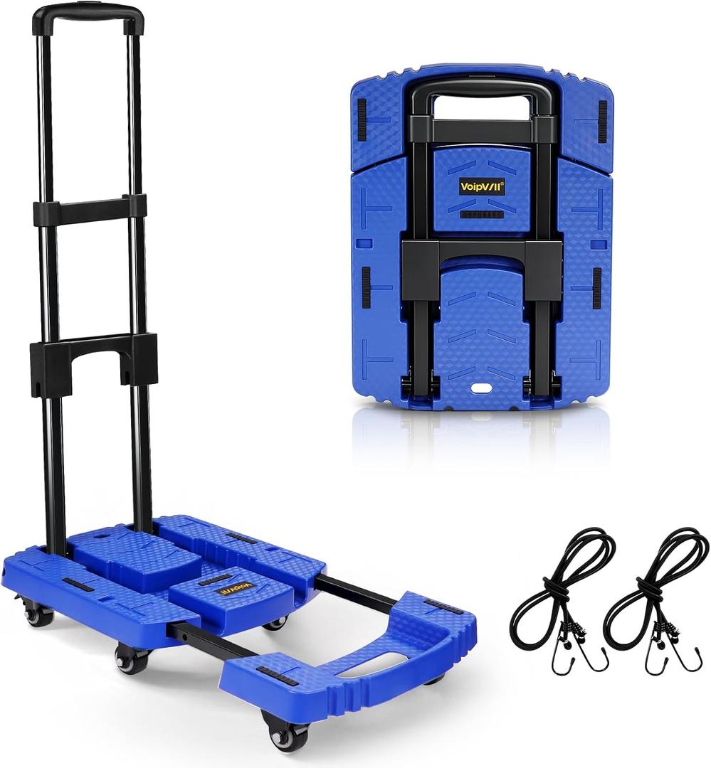 Voipvvii Folding Hand Truck 500lbs, Portable Heavy Duty Dolly Cart, 6 Wheels Collapsible Luggage Cart with 2 Elastic Ropes - Compact Trolley Cart for Easy Moving - Ideal Hand Cart for Travel and More
