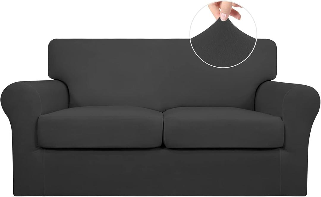 Easy-Going 3 Pieces Stretch Soft Couch Cover for Dogs - Washable Sofa Slipcover for 2 Separate Cushion Couch - Elastic Furniture Protector for Pets, Kids (Loveseat, Dark Gray) (Medium)