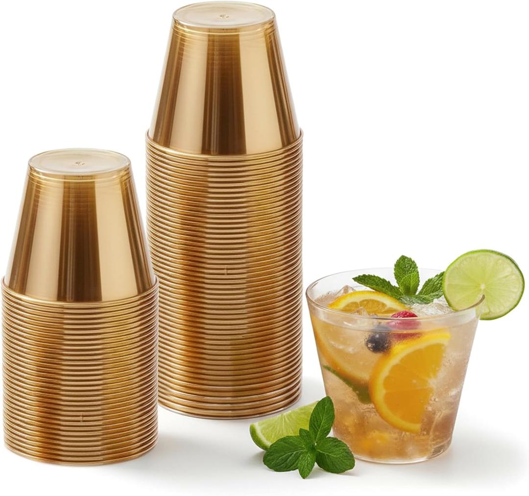 Minatee 100 Count Plastic Cups Disposable Fancy Cups Heavy Duty Wine Cocktail Glasses for Easter, Wedding, Graduation, and Birthday Party Plastic Drinking Tumblers(Brown,9 oz)