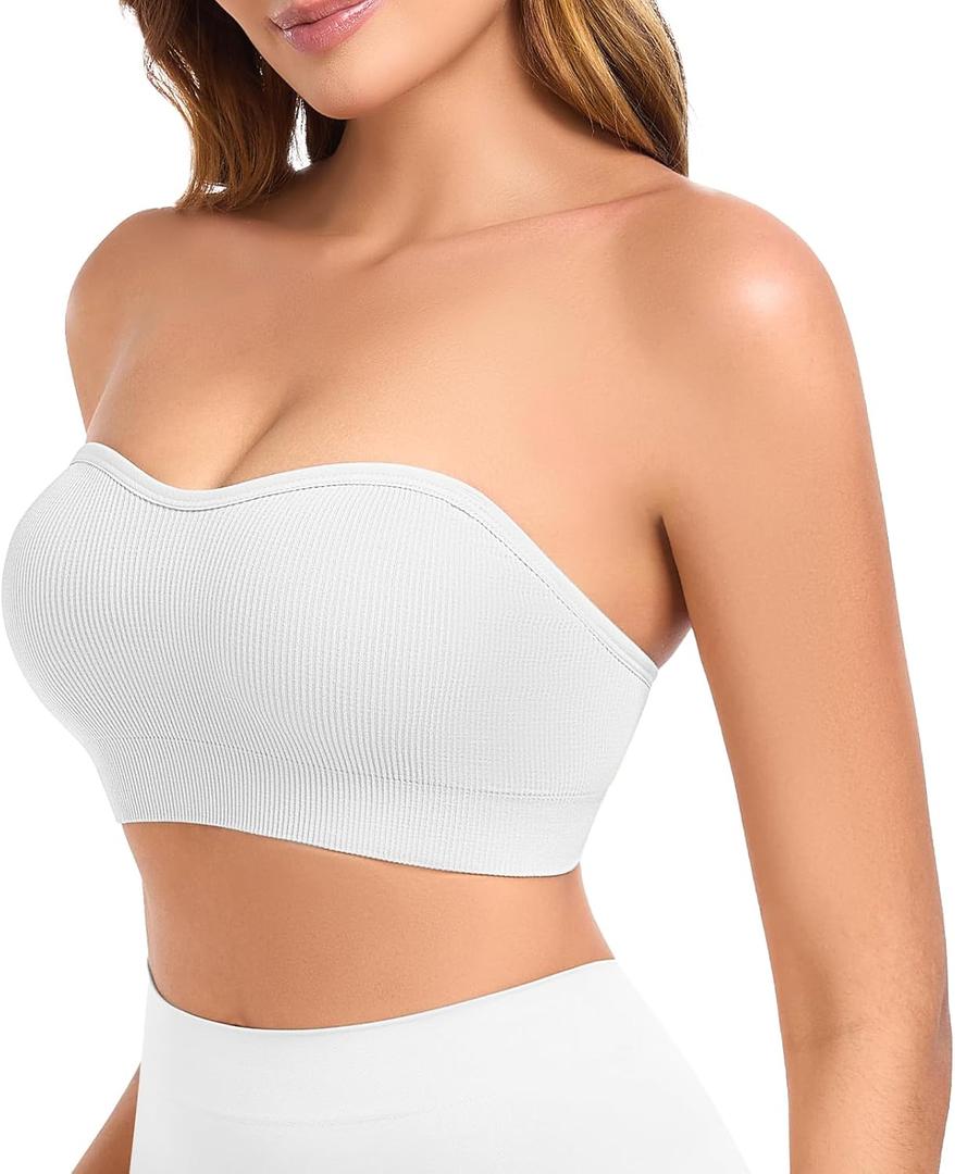 Strapless Bras for Women Non-Slip Padded Bandeau Bra Wireless Tube Top Bra Including Clear Straps (Medium, White)