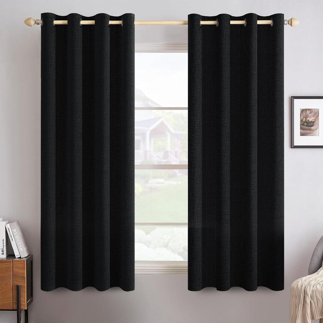 MIULEE Linen Texture Curtains for Bedroom Solid 100% Blackout Thermal Insulated Halloween Black Curtains Grommet Room Darkening Drapes for Living Room Nursery 52x45 Inch (2 Panels)