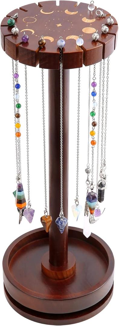 Moon Phase Pendulum Display Stand with Tray, Wood Wiccan Rotating Crystal Holder for Up 16 Divination Dowsing Pendulums, Witch Organizer for Necklace Healing Stone Gift Rack