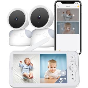 ARENTI Baby Monitor with 2 Cameras, 2K/3MP WiFi 6 Camera and Audio, 5-inch Wireless Screen, Smartphone App, Super Night Vision, Crying Detection, Auto Tracking, Temp&Humidity Sensor (D3 Set) (White)
