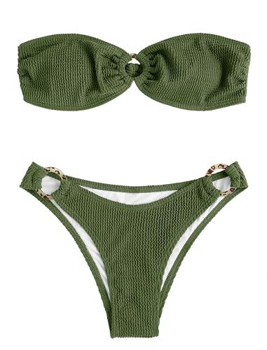 ZAFUL O Ring Bandeau Bikini Sets for Women Sexy Strapless Swimsuits 2 Piece High Cut Bathing Suit Leopard Ring Amy Green M