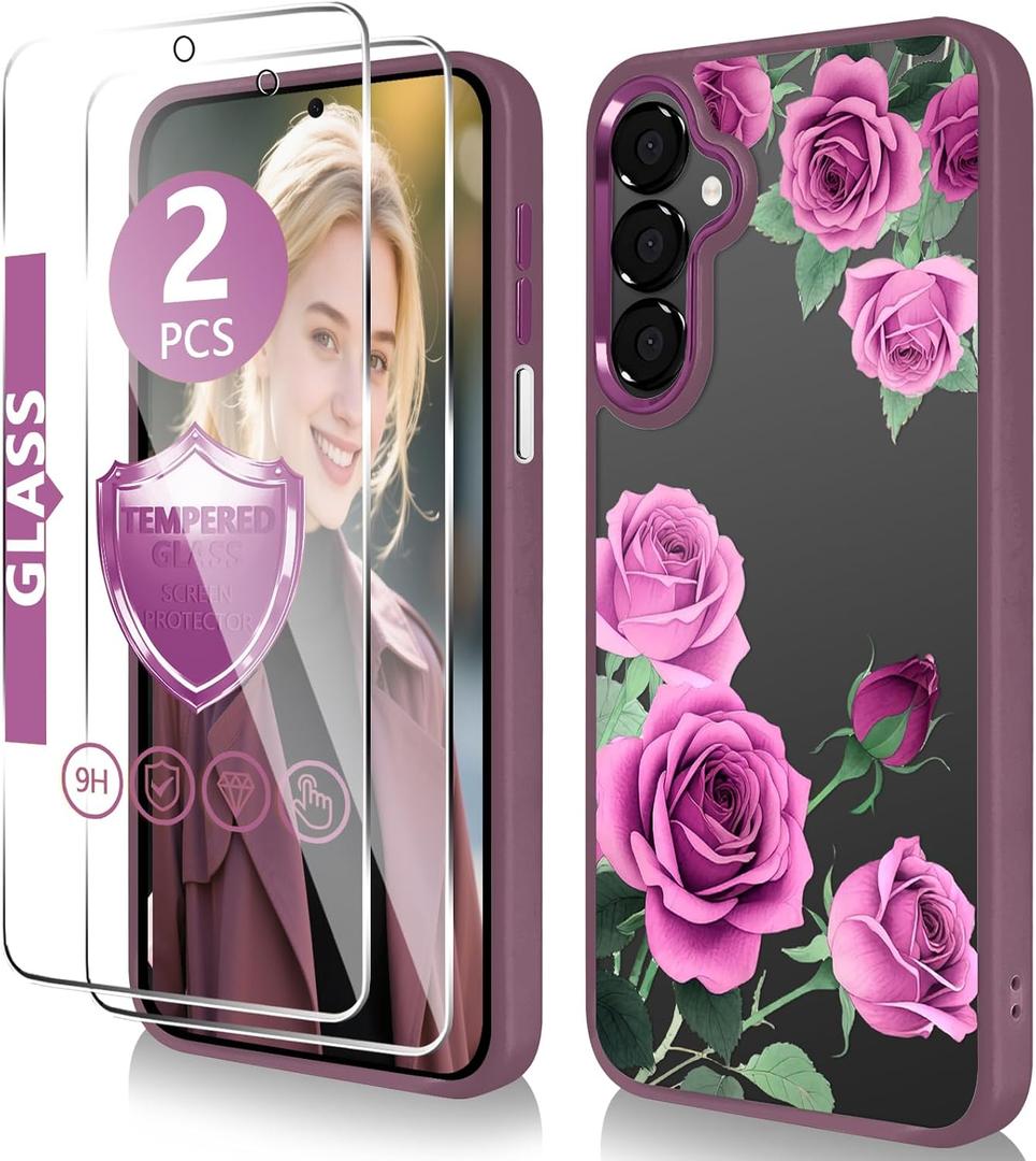 for Samsung Galaxy A16 5G Case6.7 inch with Tempered Glass Screen Protecto-Slim TPU & Hard PC Crystal Clear Cover, Elegant Cute Floral Pattern Design for Girls Women -Rose/Purple
