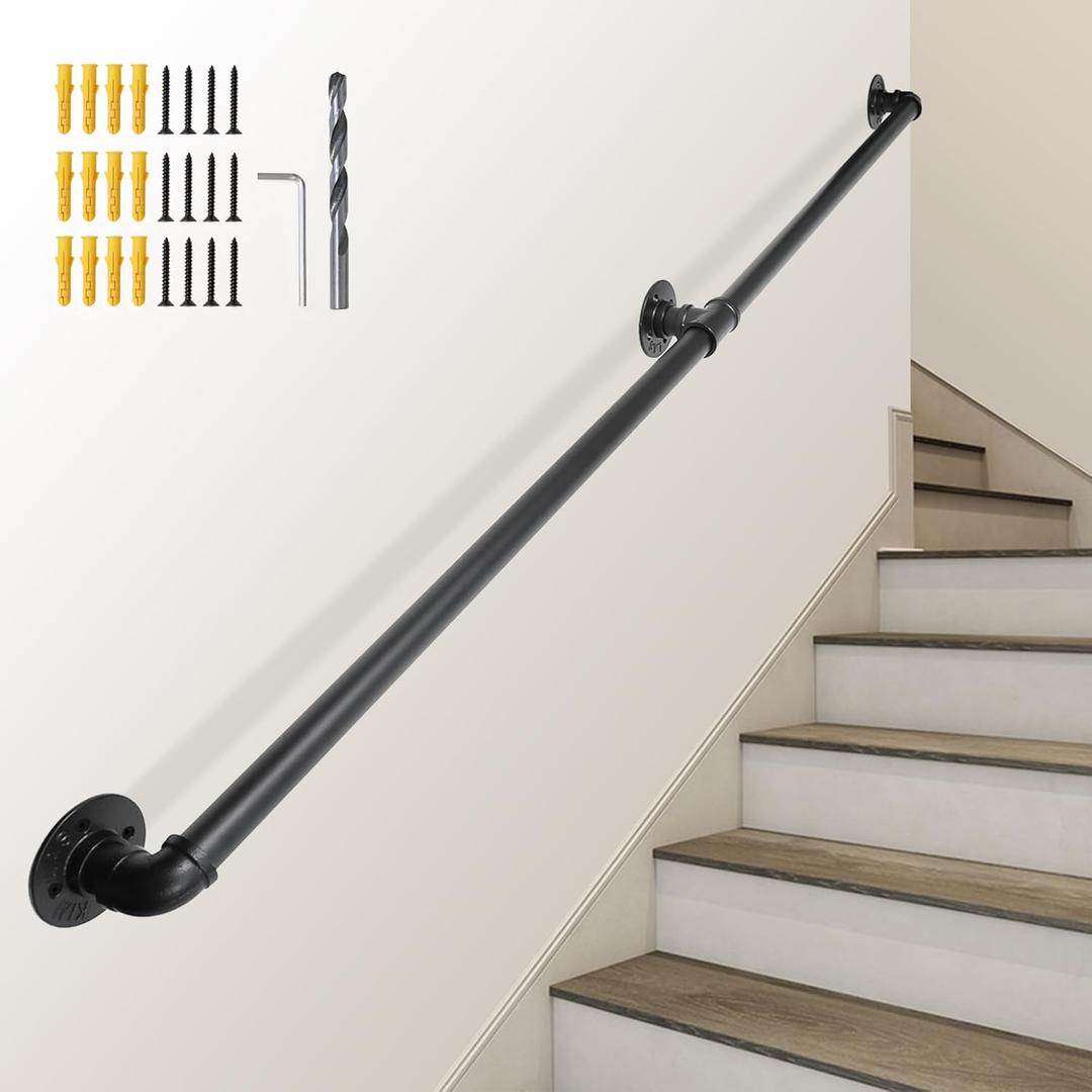 SCIEO 6.6FT Industrial Stair Handrail, Wall-Mounted Staircase Handrail for Indoor Outdoor Steps, Metal Pipe Stair Railing Galvanized Steell Hand Rail Non-Slip Grab Bar for Steps Stairs Porch Deck (Black)
