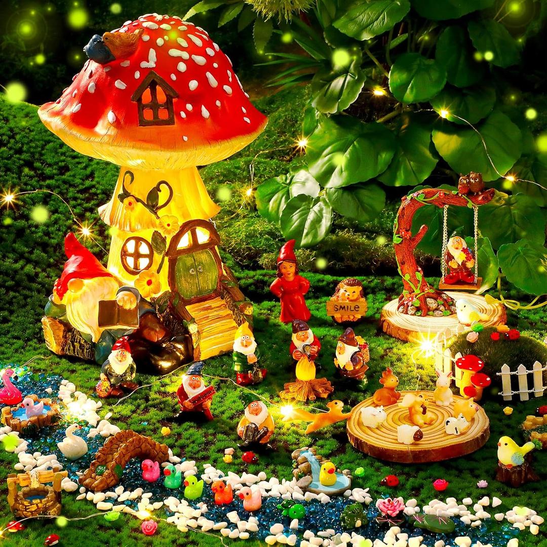 HyDren 100 Pcs Fairy House Garden Kit Accessories Miniatures Fairy Figures Gnomes Statue Lights Mushroom House Micro Landscape Ornaments for DIY Outdoor Dollhouse Decoration