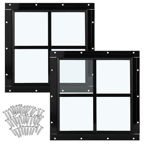 Tandefio 2 Pack 12'' x 12'' Black Flush Mount Shed Window with Tempered Glass Household Windows with Screws for Chicken Coop Sheds Barns Playhouse