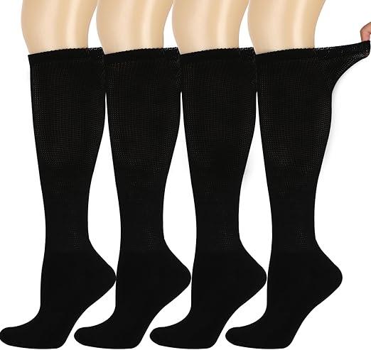Bamboo Rayon Knee High Diabetic Socks for Men & Women 4 Packs, Soft No-Binding Cushioned Sole Seamless Diabetic Socks