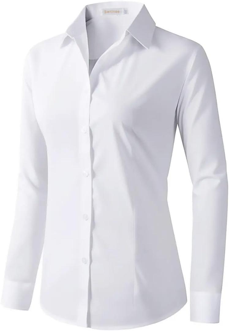 Beninos Womens Dress Shirts Long Sleeve Button Down Shirt Work Wear (White, M)