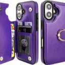 ONETOP for iPhone 16 Wallet Case with Card Holder, 360 Rotation Ring Kickstand RFID Blocking PU Leather Double Magnetic Clasp Shockproof Cover for Women and Girls 6.1 Inch (Purple)