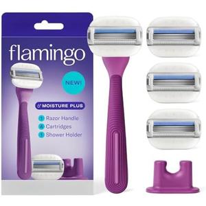 Flamingo Moisture Plus Women's Razor Set - No Shave Gel Needed - Razor Handle, 3 Blade Refills, Shower Holder - Fig