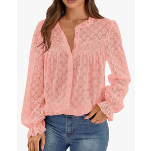 PRETTYGARDEN Women's Lace Long Sleeve Button Down Blouse size S