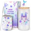 Birthday Gifts for 4 5 6 7 8 9 10 11 12 Year Old Girls Monogrammed Initial Glass Cups,16oz Glass Cups with lid and straw, Personlized Valentine Mermaid Gifts for Kids Girls Purple H