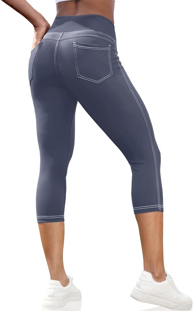 VOOVEEYA Capri Leggings for Women, High Waisted Yoga Pants with Back Pockets Crop Workout Capris Pants (X-Large, Blue)