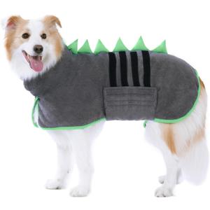 Super Absorbent Dog Bathrobe, Microfiber Bath Robe Towel for Fast Drying, Cozy Fit, Adjustable Belly Strap, Unique Dinosaur Design Dog Drying Coat for Bath, Rainy Walks & Cold Weather