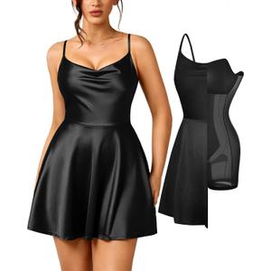 Popilush Mini Corset Dress with Built in Bra, A-line Black Dresses L