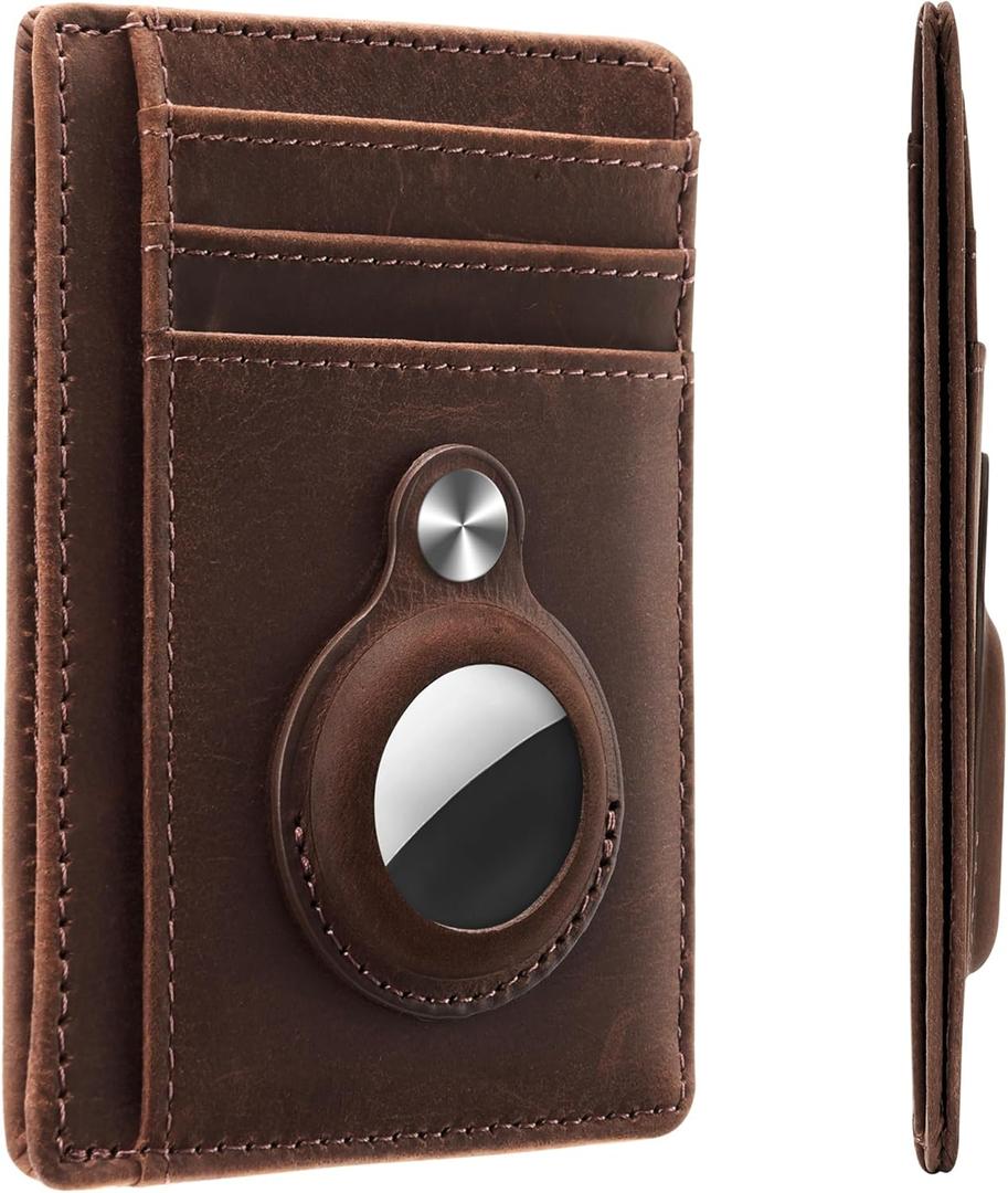Hawanik Slim Minimalist Front Pocket Air Tag Wallet, RFID Blocking Card Holder Wallet with Airtag Holder (Genuine-leather Brown)