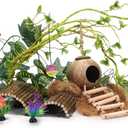 RUNANIA Crested Gecko Tank AccessoriesReptile Vines Plants with Coconut Shell Ladder Hideout Hermit Crab Decor for Bearded Dragon Lizard Chameleon Tortoise Snake