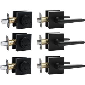 Black Front Door Handle and Deadbolt Set,Door Handles InteriorFront Door Lock SetDoor Locks For Front Door,Dead bolt and Door Handle Set, Square Heavy Duty Exterior Door Knob with Deadbolt,3pack