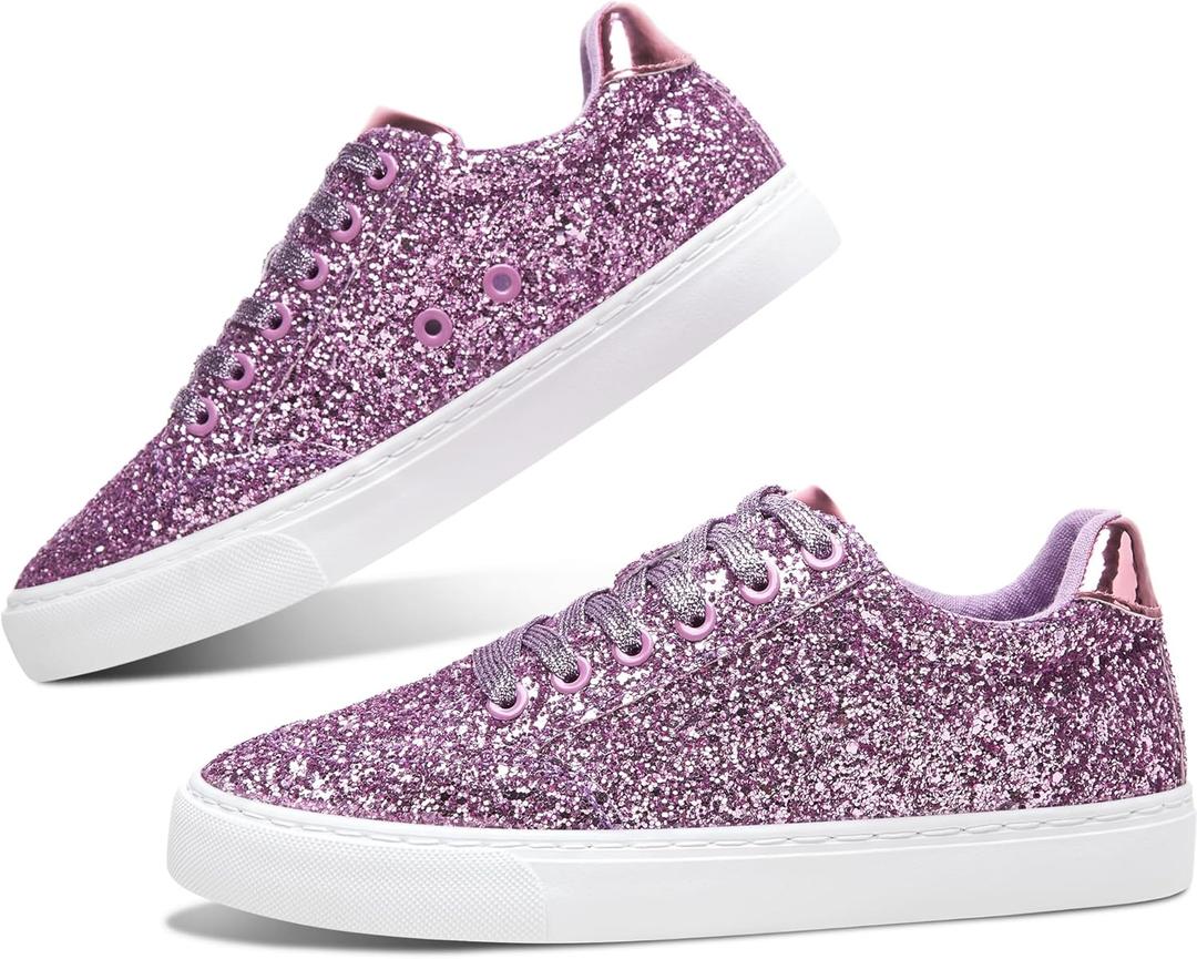 Jeekopeg Glitter Sparkly Fashion Sneakers Shoes Shiny Casual Shoes Bling Sequin Concert Low Cut Lace up Shoes (9 Women/7.5 Men, Light Purple Glitter)