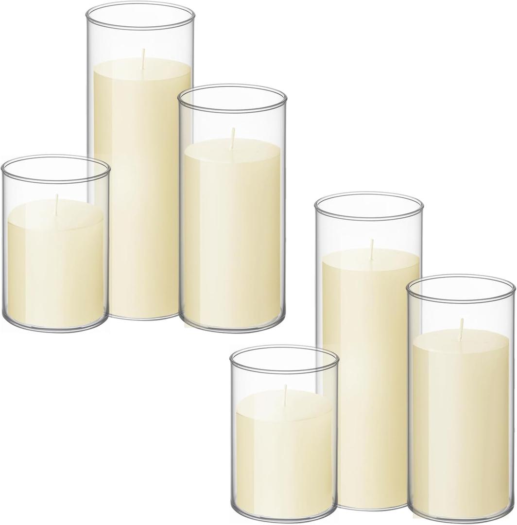 Shihanee Set of 6 Pillar Candles with Glass Cylinder Vases Clear Cylinder Hurricane Candleholders for Slim Tall Pillar Candles Wedding Table Centerpieces(3'' X 5.9", 7.9", 9.8",Ivory)