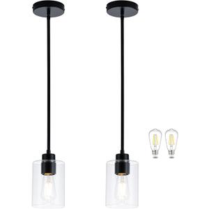 MAYNA 2-Pack Black Farmhouse Pendant Lighting, Rustic Glass Kitchen Island Lights with Bulbs, Adjustable Rods Vintage Hanging Fixtures for Dining Room, Bar