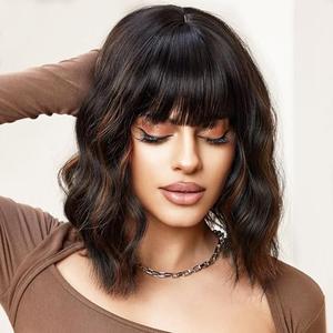 Miuric Black Mixed Brown Short Curly Wavy Wig with Bangs for Women Shoulder Length Bob Wig Women's Wigs Synthetic Heat Resistant Fiber Wigs for Daily Party Use (14 Inches)