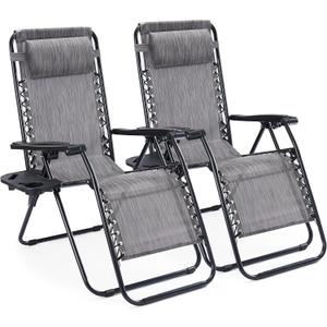 Sweetcrispy Zero Gravity Chairs, Set of 2 Portable Recliner Beach Camping Patio Outdoor Folding Lounge Chair with Cup Holder Trays and Adjustable Pillow for Poolside, Garden, Backyard, Lawn (Grey)