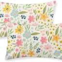 Spring Pillow Covers 12x20 Set of 2 Watercolor Yellow Pink Blue Floral Throw Pillows Summer Spring Flowers Leaf Print Decor Pillowcase Farmhouse Outdoor Decorations Cushion Case for Couch Home