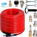 Sewer Jetter Kit for Pressure Washer 150FT, 5800PSI Drain Cleaner Hose 1/4 Inch NPT Corner with 5 Sewer Jetting NozzlesWaterproof TapePearl Corsage Pin & 2 Spanners (Red)