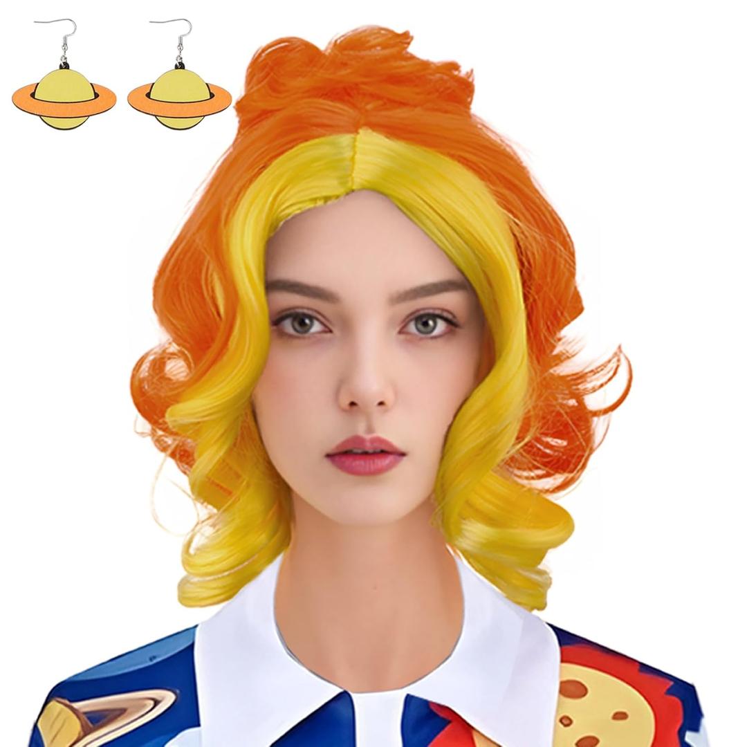 Women Halloween Teacher Set Cosplay Red Orange Curly Wig Planet Earrings for Women Costume Cosplay Party