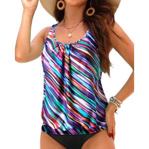 Yonique Womens Blouson Tankini Top No Bottom Loose Fit Swim Top Modest Tank Top (Small, Colorful Stripe)