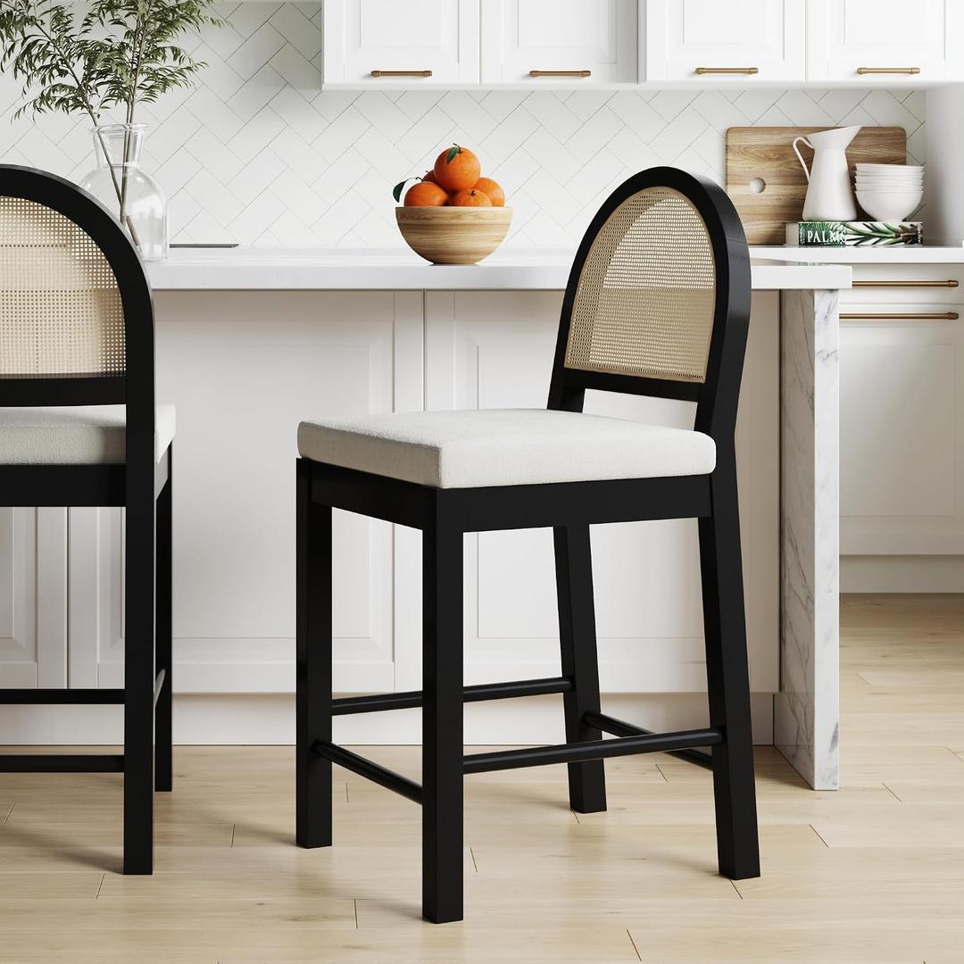 Nathan James Bailey Boucle Upholstered Rattan Bar Stool, Counter Height Stool with Natural Rattan Woven Back For Kitchen Island, White/Black Oak