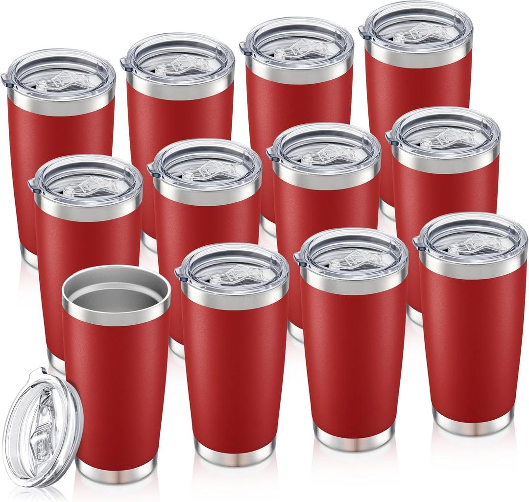 20 oz Tumbler Bulk with Lid Stainless Steel Insulated Tumblers Double Wall Vacuum Coffee Mug Powder Coated Tumbler Cups for Cold and Hot Drinks, Dark Red, 12 pack